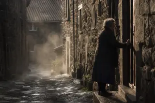 Elderly woman in profile pauses on a weathered stone doorstep in a narrow, sunlit medieval lane of Pradelles, with soft mist and warm late afternoon light.