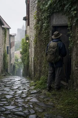 Misty medieval alley with wet volcanic stone pavement in Pradelles, a lone hiker seen from behind examining an old doorway inscription, subdued morning light and muted colors.