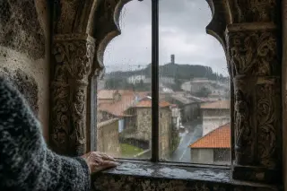 Rain-soaked Renaissance stone window with reflections of old rooftops, elderly woman's hand resting gently on the sill, textures of volcanic rock and natural muted light creating a melancholic rural ambiance.