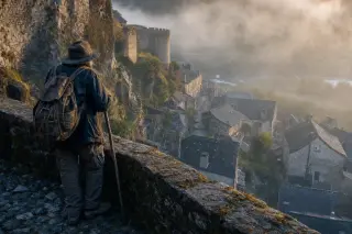 A lone hiker rests against the old stone ramparts of Pradelles at dawn, overlooking misty slate roofs and dramatic rocky slopes under golden morning light.