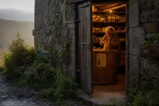 Elderly woman inside a rustic sandstone cellar doorway, filling a bag with cheese, warm light inside, soft sunlight outside, wild grass along a muddy path.