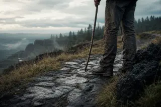 Rain-darkened basalt path on a windswept plateau with only the legs of a solitary hiker visible, mist and distant pine woods in soft twilight.