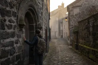 Woman hiker with a worn backpack touches an ancient stone doorway in a misty, quiet Pradelles alley at dawn, soft golden light revealing textures of basalt and moss.