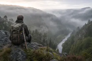 Solitary hiker with worn gear pauses at dawn on a basalt ridge above misty Allier gorges, soft light revealing rugged volcanic rocks, pines, and a distant winding river.
