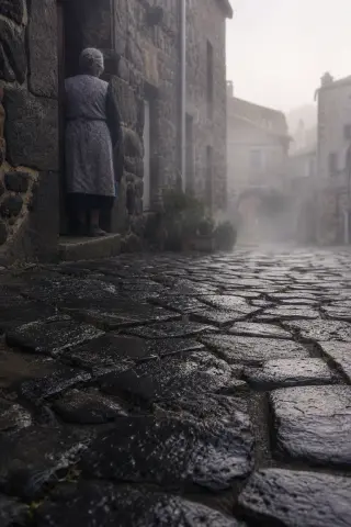 Close-up of wet basalt paving stones in a medieval village street at dawn, with an elderly woman standing in a stone doorway and light mist in the air.